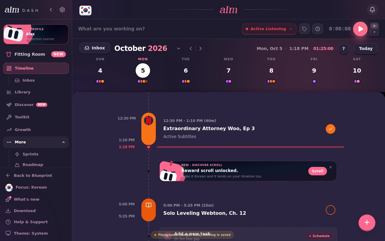 The timeline on desktop, with the menu on the left