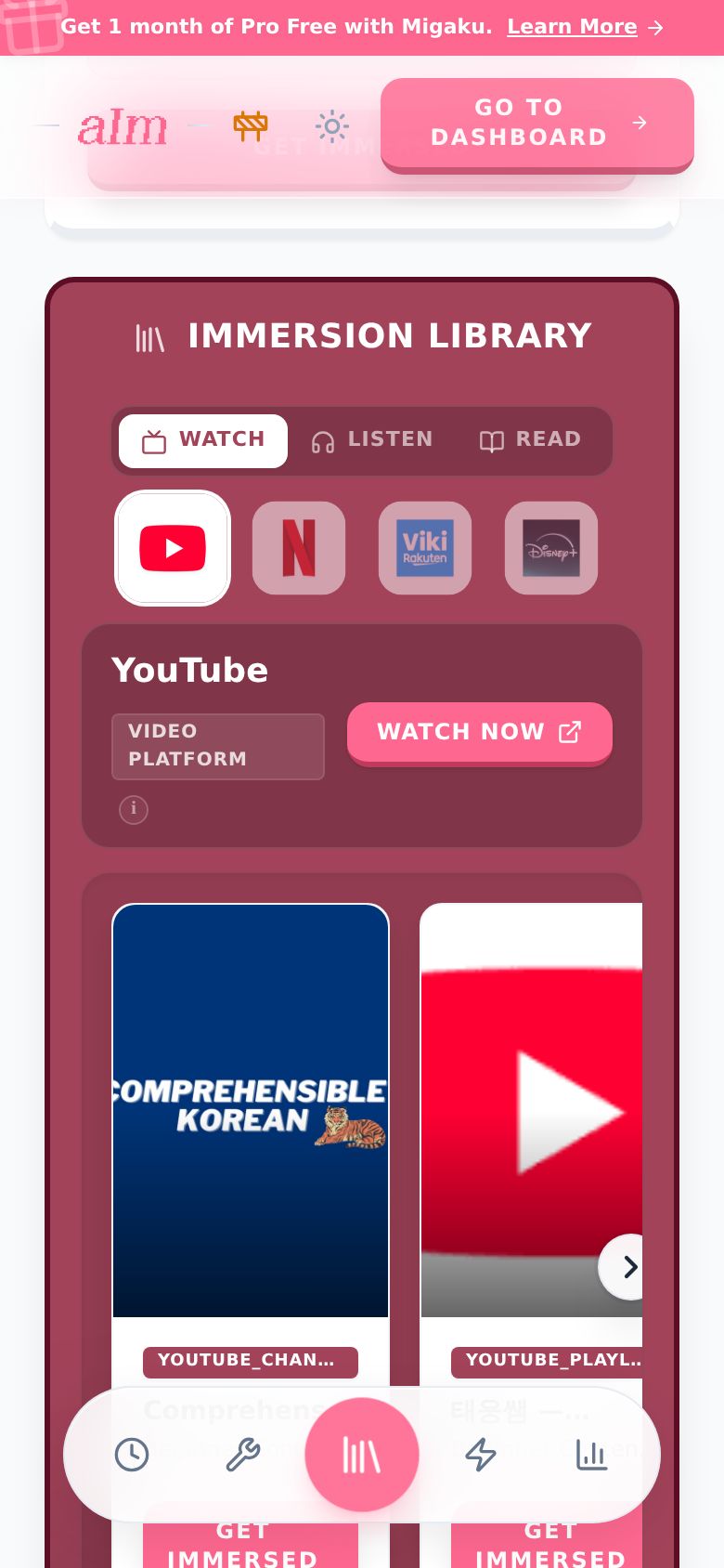 The Immersion Library on Watch, with YouTube open