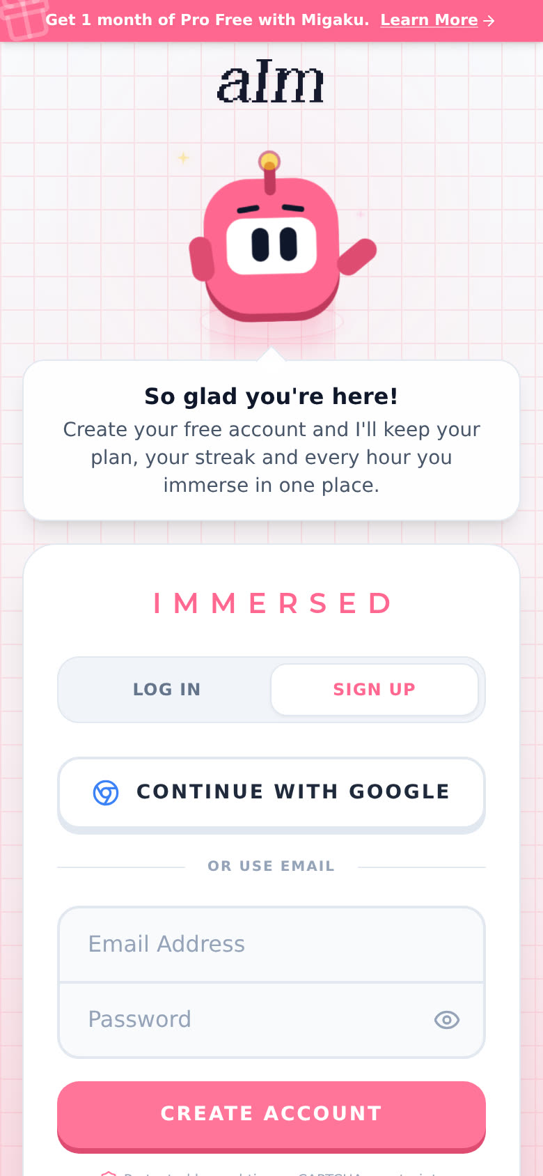 The sign-up page on a phone