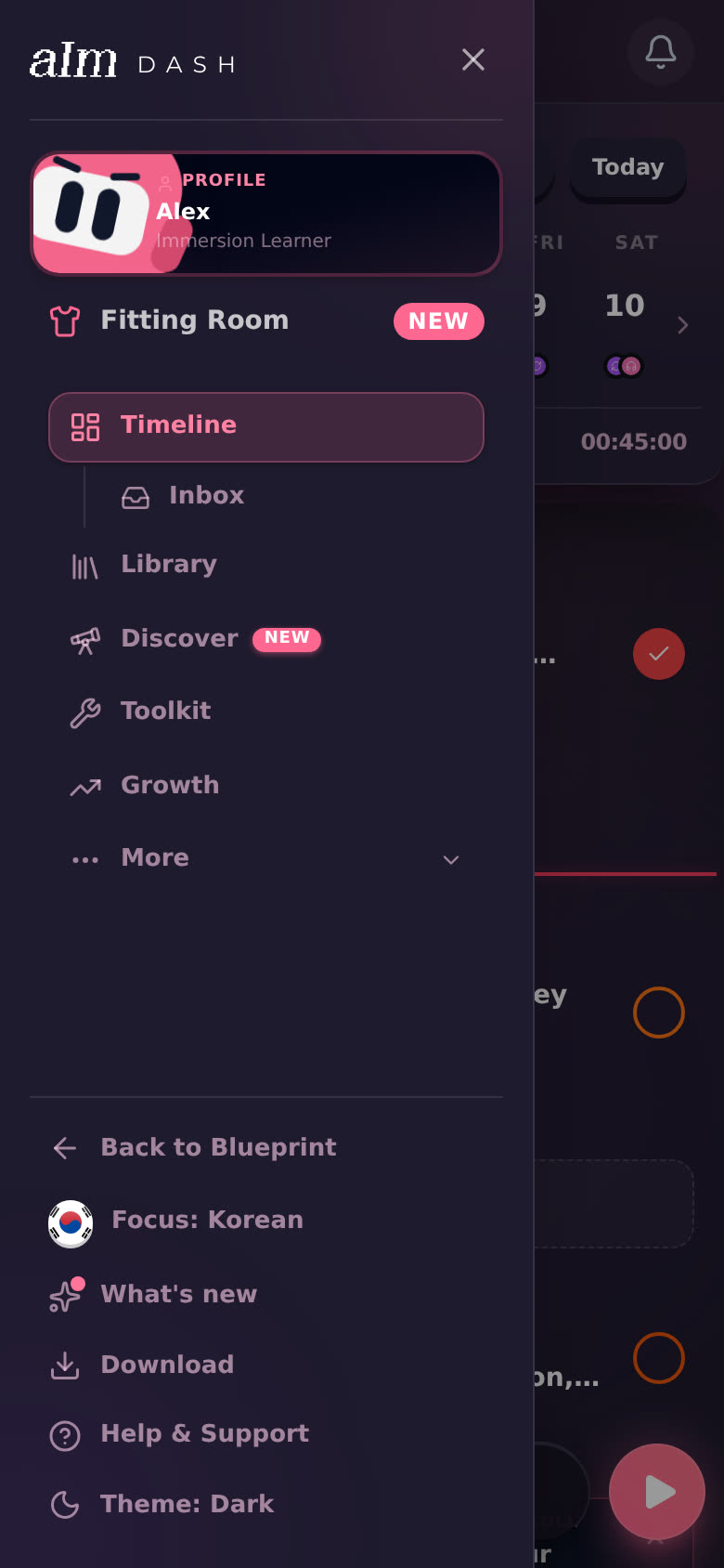 The menu, with Fitting Room under the profile