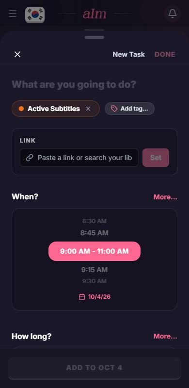 The New Task panel, pre-filled with the gap's time
