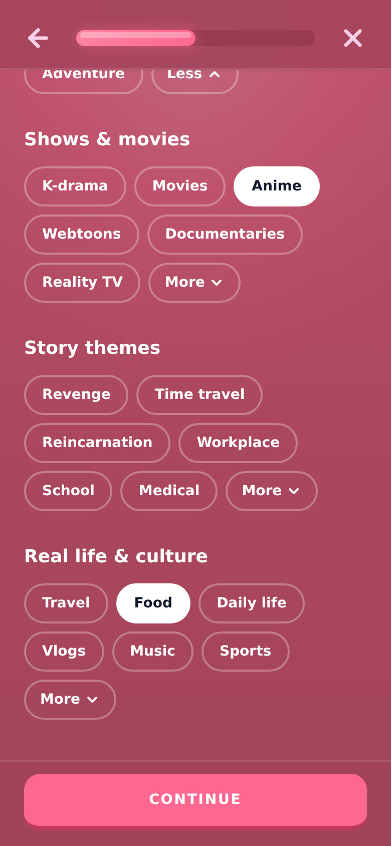 Anime and Food picked, with Continue at the bottom