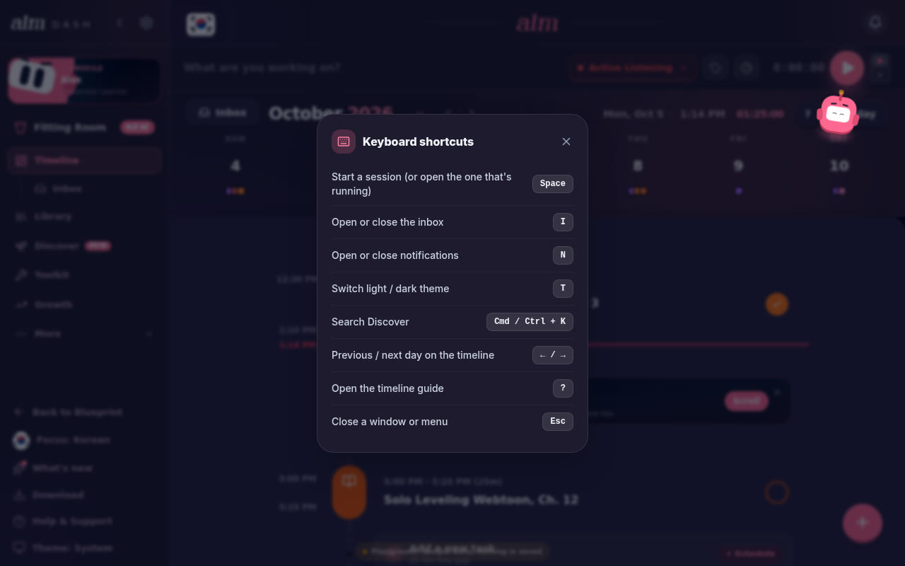 The shortcuts list from Help & Support