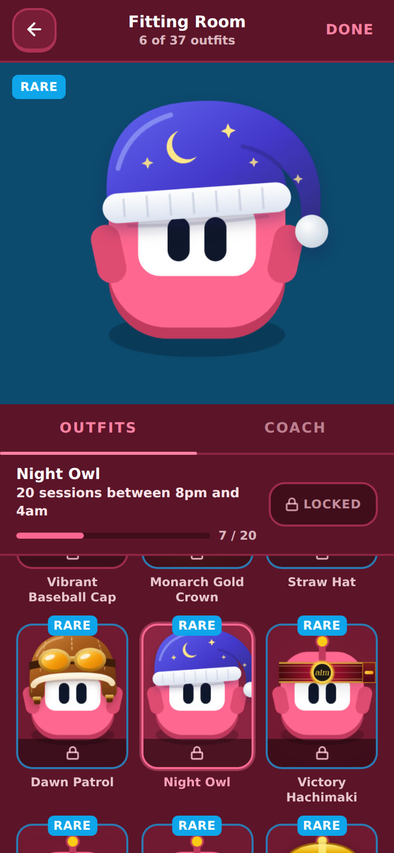 Night Owl: 20 sessions between 8pm and 4am, 7 of 20 done