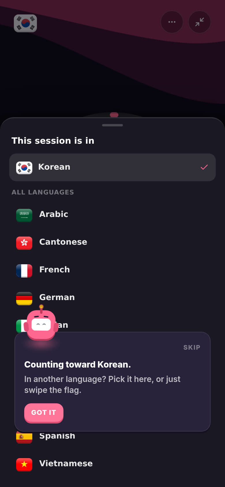 Tap the flag to change the session's language