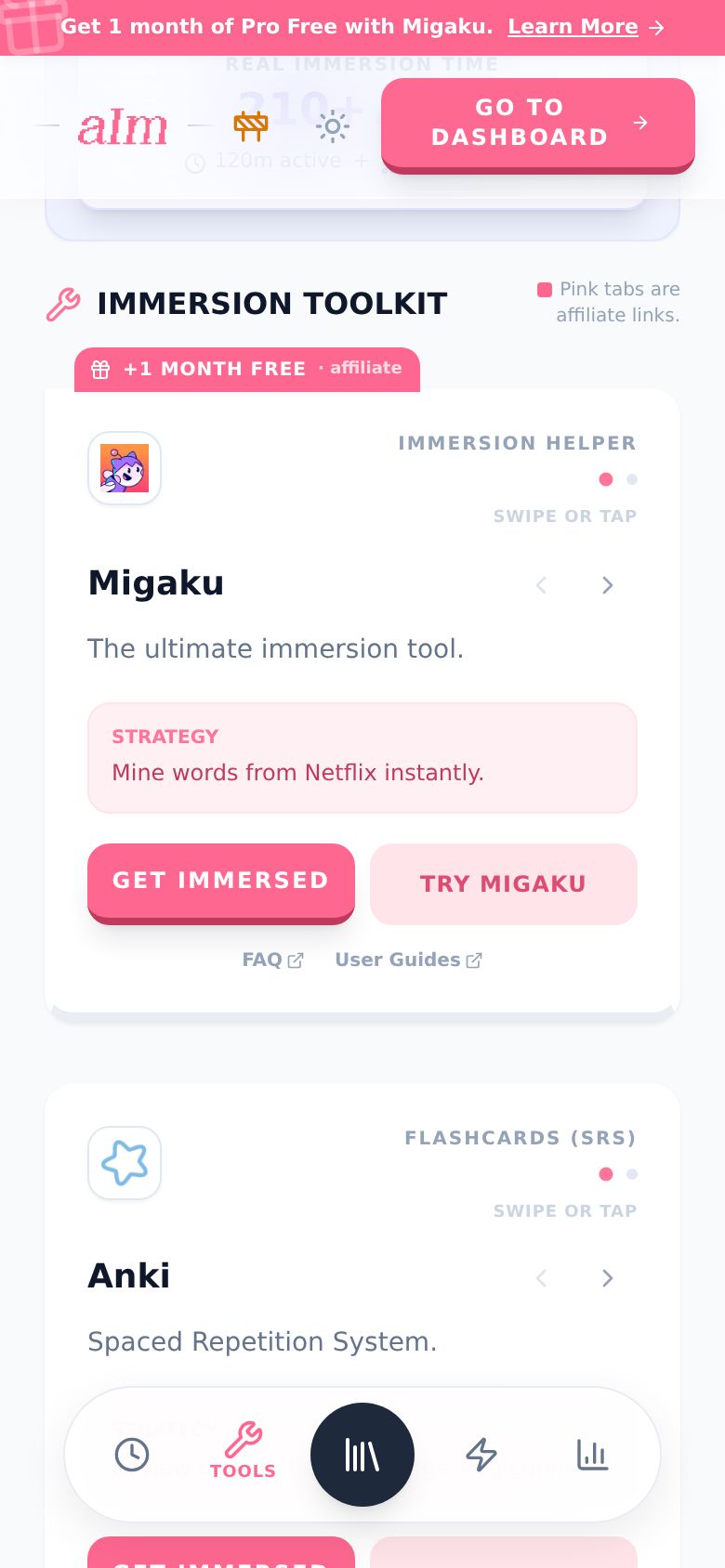 The Immersion Toolkit on a blueprint, showing the Migaku card with its strategy