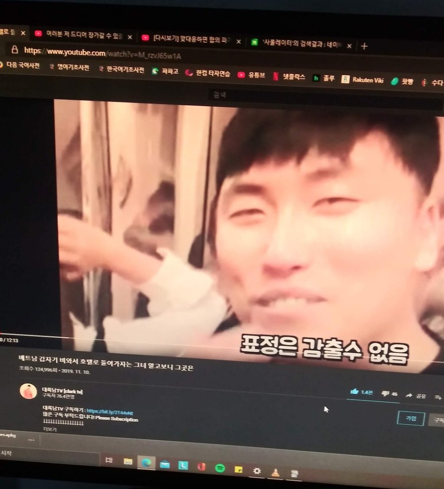A 대륙남 TV video on Ade's monitor, with a bookmarks bar full of Korean dictionaries