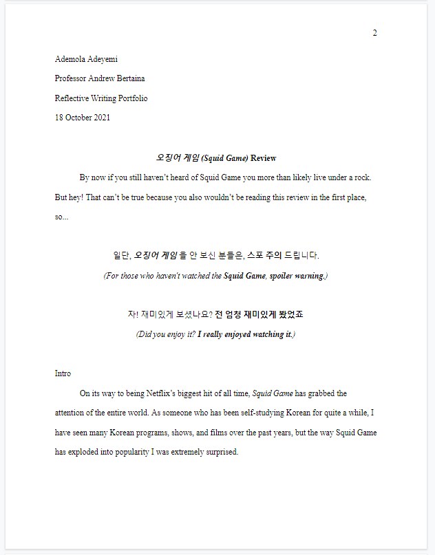 The first page of Ade's Squid Game review for his Howard writing portfolio, October 18, 2021, with Korean lines and translations