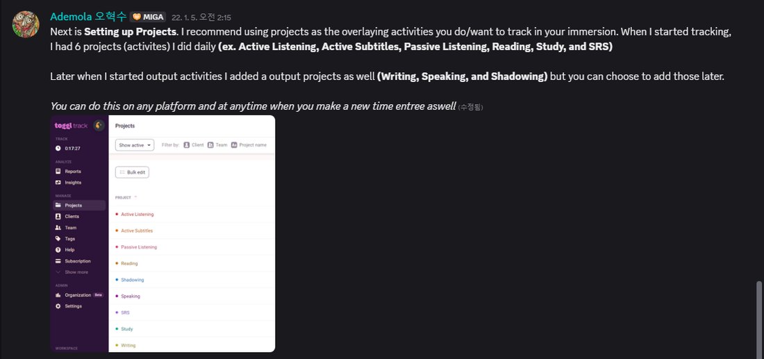Ade's guide in the Refold Korean Discord: setting up projects, one per activity, with Toggl's project list