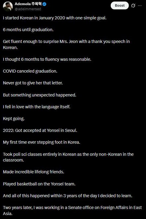 Ade's post on X: I started Korean in January 2020 with one simple goal. 6 months until graduation. Get fluent enough to surprise Mrs. Jeon with a thank you speech in Korean.
