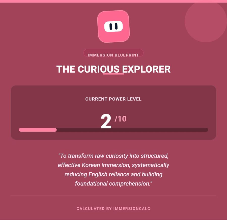 A blueprint result card: The Curious Explorer, power level 2 out of 10, calculated by ImmersionCalc