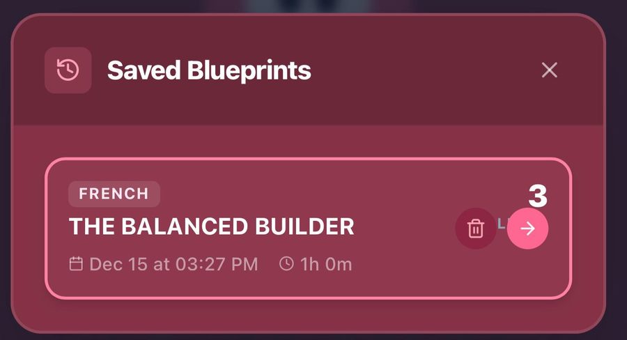 A learner's bug screenshot: Saved Blueprints, French, The Balanced Builder, December 15