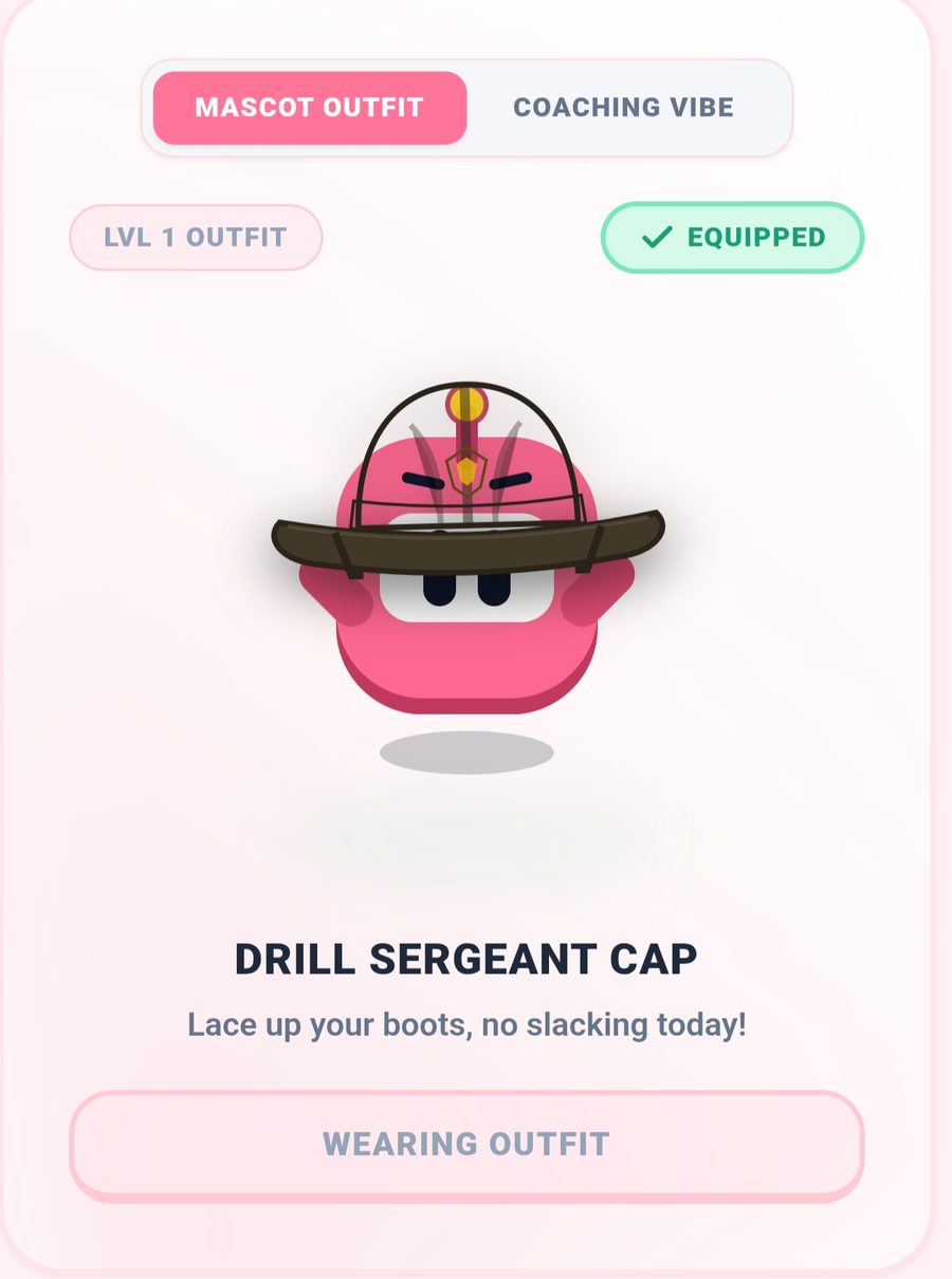 The closet screen: Aim wearing the Drill Sergeant Cap outfit, equipped
