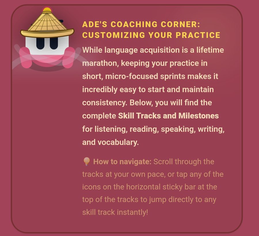 An early screen: Ade's Coaching Corner, with Aim wearing a conical hat
