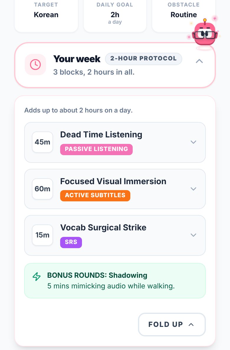 The example blueprint: a two-hour protocol of Dead Time Listening, Focused Visual Immersion and a Vocab Surgical Strike, with a Shadowing bonus round