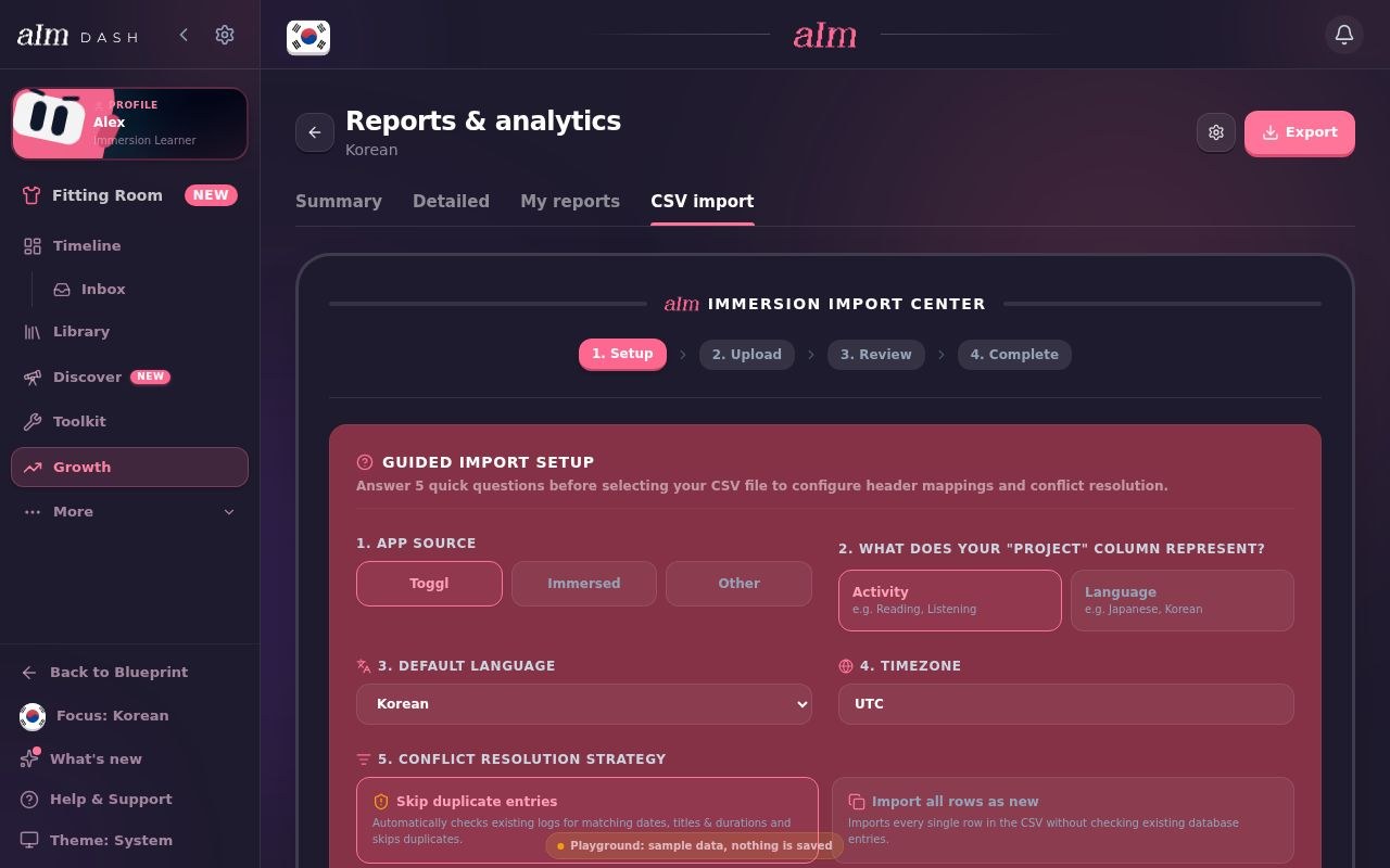Reports & analytics, CSV import: the Immersion Import Center with Toggl picked as the app source
